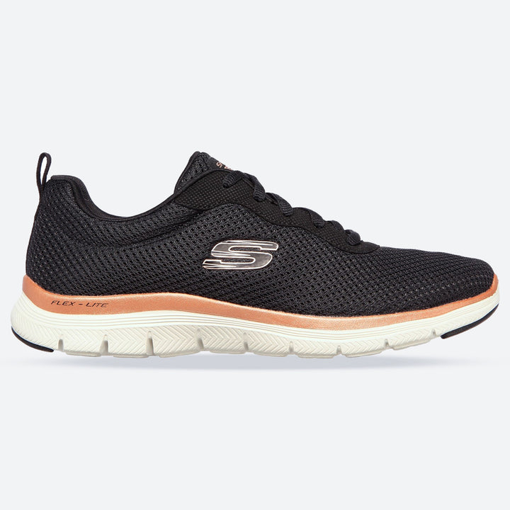 Womens Wide Fit Skechers Flex Appeal 4.0 149303 Brilliant Walking Sneakers - Black/Rose Gold