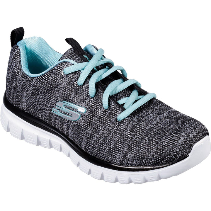 Women's Wide Fit Skechers 12614 Graceful Twisted Fortune Sneakers - Black/Turquoise