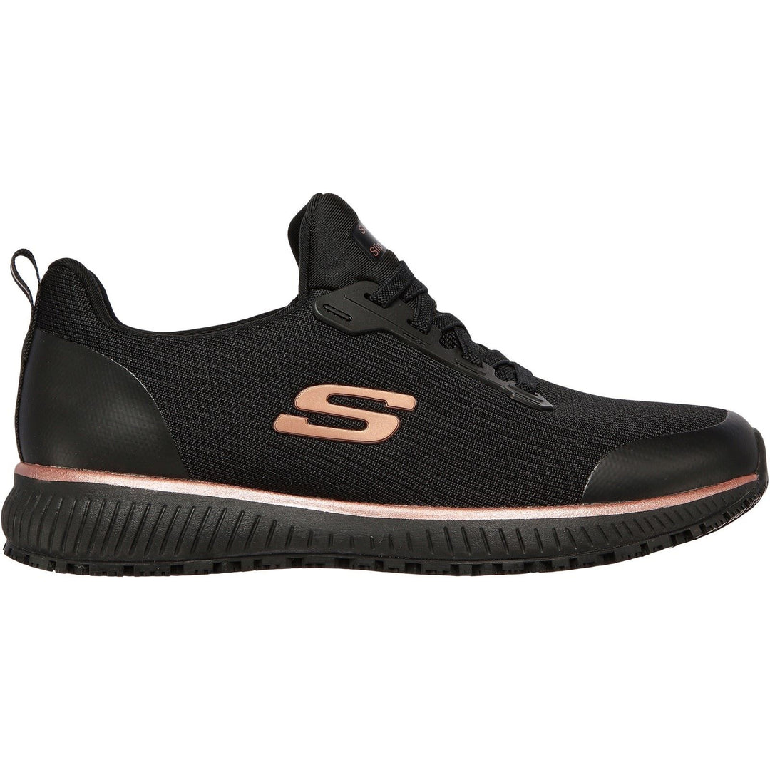 Women's Wide Fit Skechers 77222EC Squad SR Occupational Sneakers - Black/Rose Gold