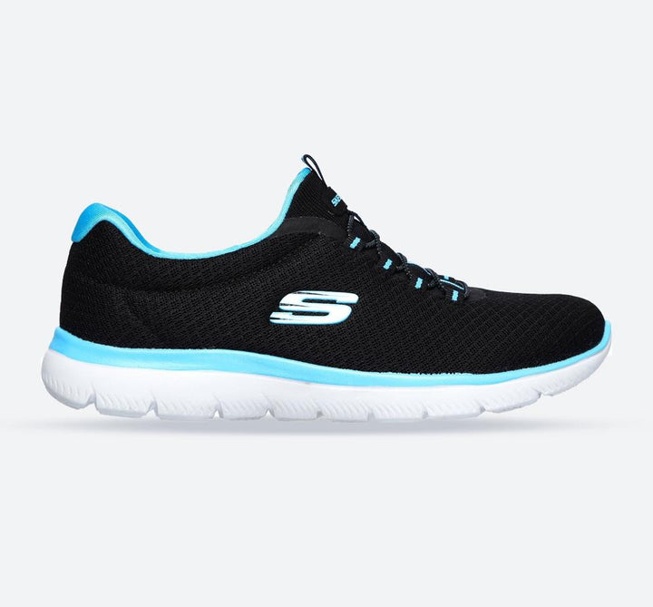 Women's Wide Fit Skechers 12980 Summits Slip On Sports Sneakers - Black/Turquoise