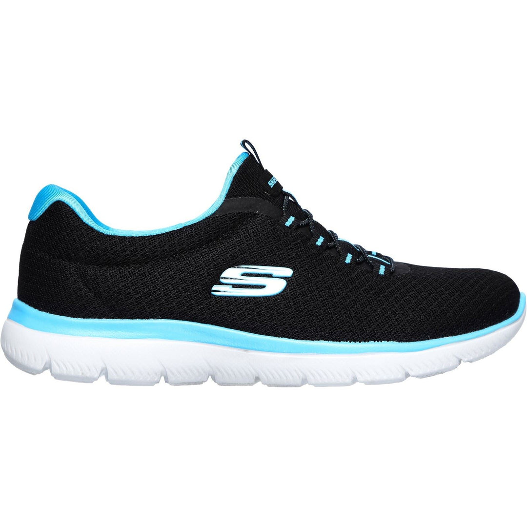 Women's Wide Fit Skechers 12980 Summits Slip On Sports Sneakers - Black/Turquoise